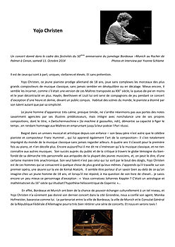 Yojo Christen, Article Octobre 2014